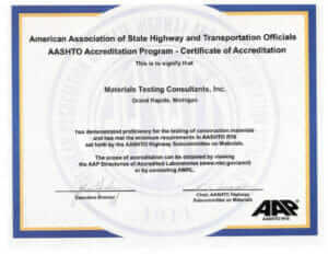 MTC's AASHTO Accreditation Certificate