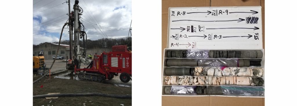 photo of drilling equipment and examples of Michigan formation bedrock