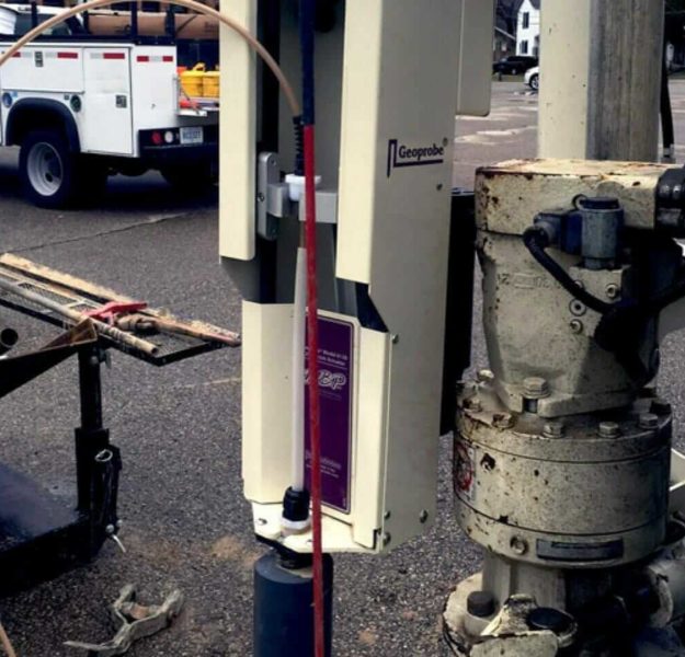 Geoprobe rig with bladder pump for direct push drilling in an environmentally friendly manner.